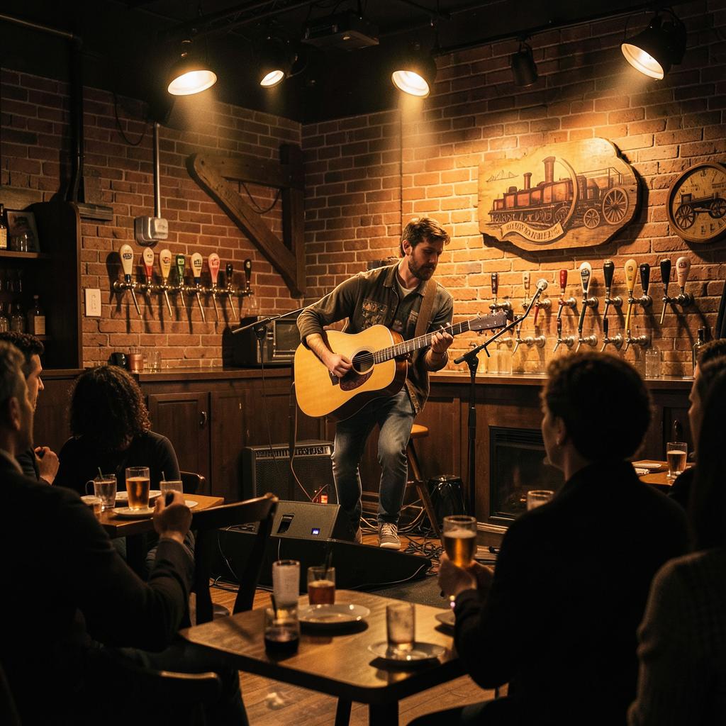 Músico en vivo tocando guitarra junto a los grifos de cerveza en Railroad Tap Station